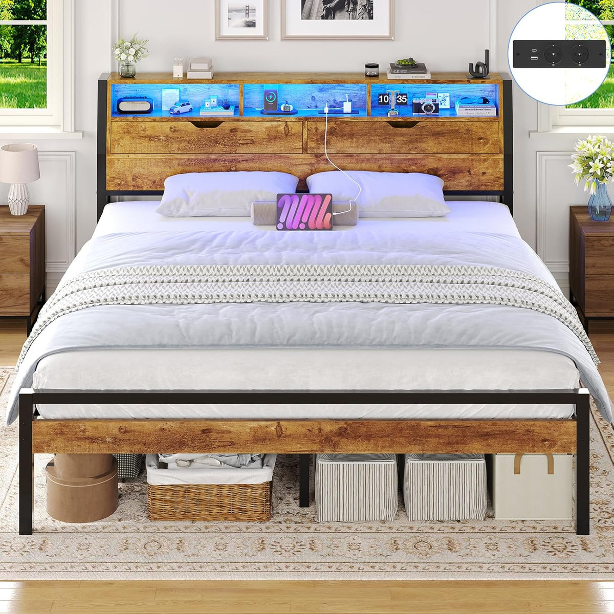 Struttura letto Brinlawb, con illuminazione LED, con porta USB, 180 × 200 cm, matrimoniale, Marrone, legno, con testiera, per camera da letto