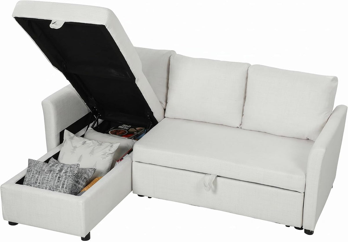 HOMCOM Divano letto, trasformabile, 3 posti, Crema, legno, per soggiorno