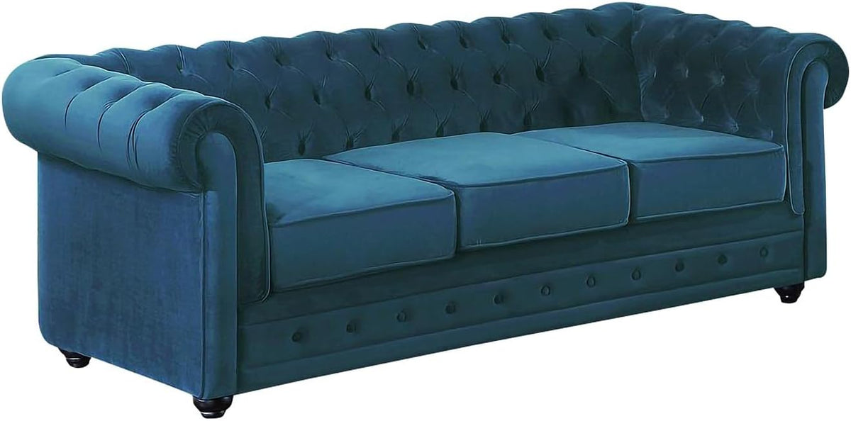 Divano Vente-unique, 205 × 88 × 72 cm, 3 posti, Verde/Blu petrolio, velluto, per soggiorno