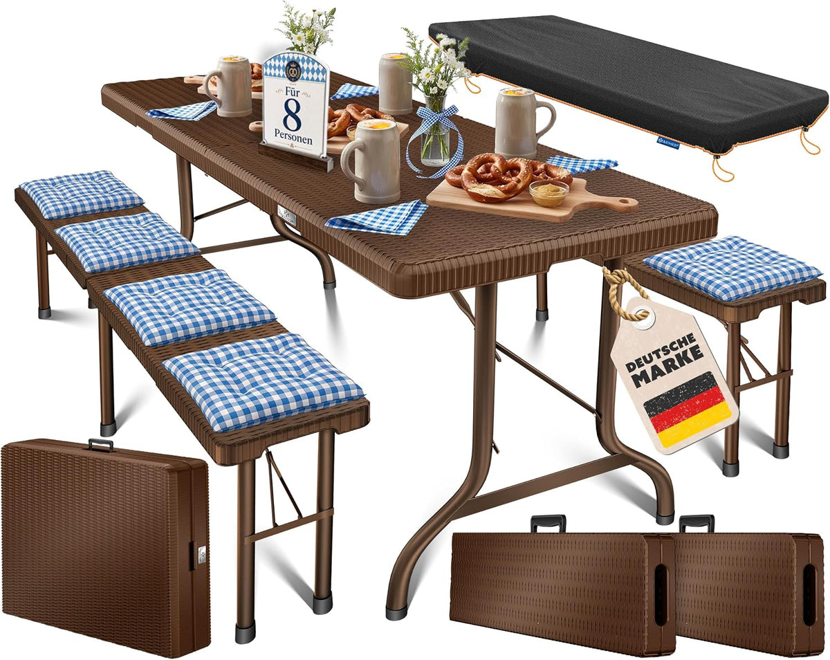 KESSER Set birreria da giardino 3 pezzi, tavolo e 2 panche pieghevoli, Marrone, plastica effetto rattan, 180 cm