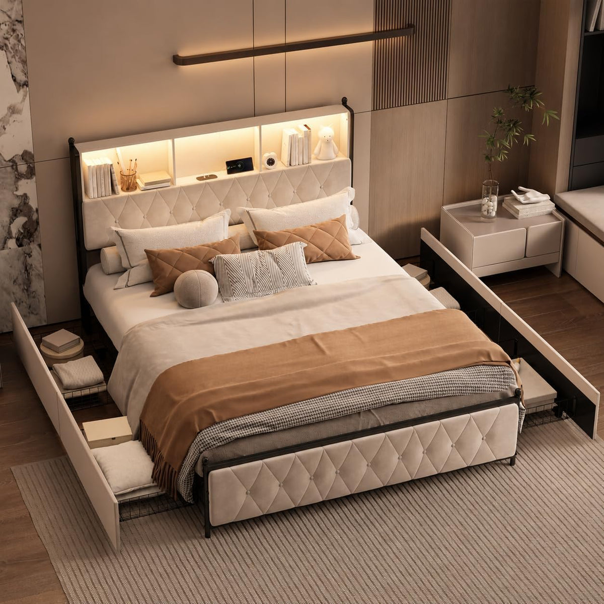 BRILVERDE Letto, 4 cassetti, matrimoniale, 140 × 200 cm, Beige, velluto, con contenitore, con rete a doghe, imbottito, con testiera