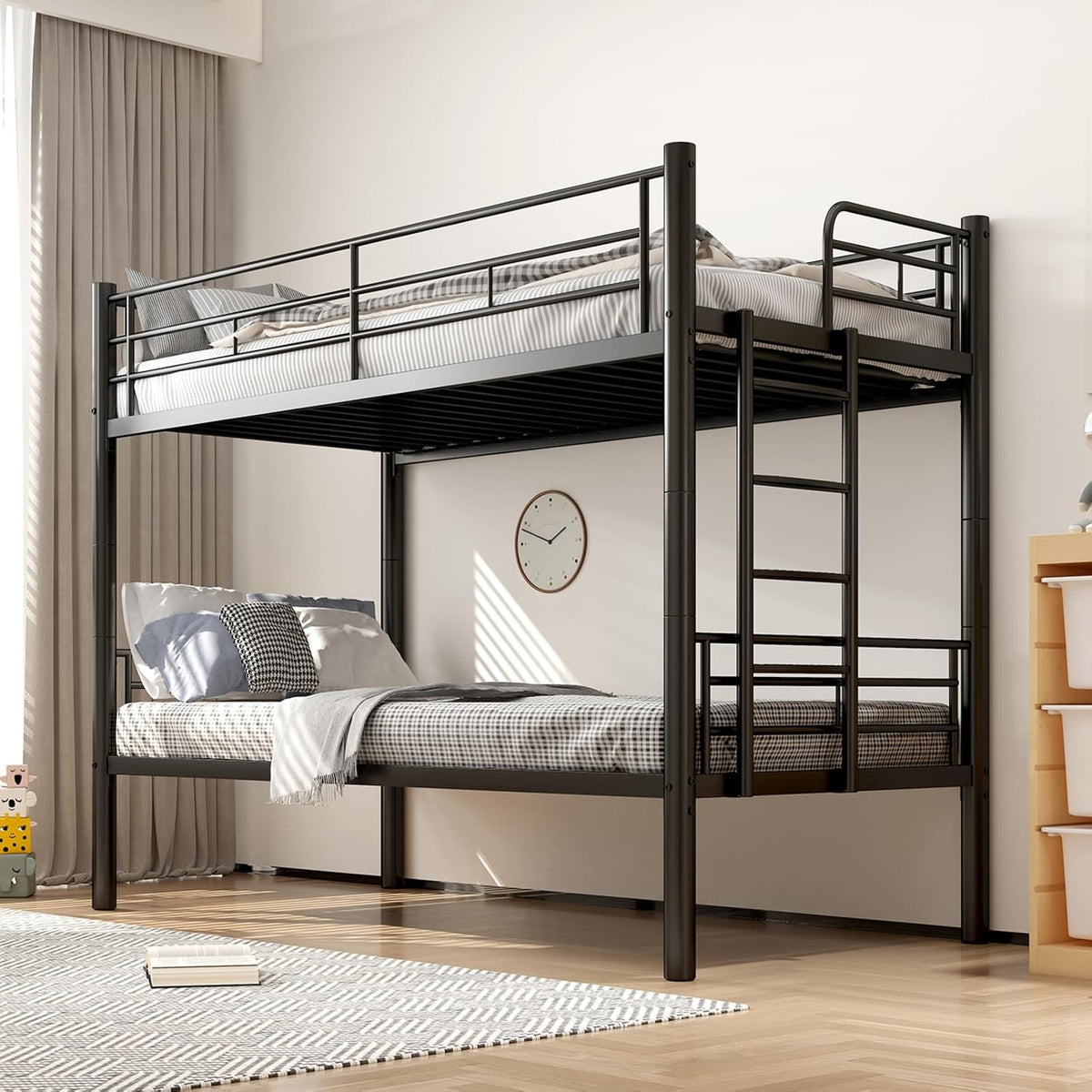 Letto a castello DELONGKE, trasformabile, con rete a doghe, 90 × 200 cm, Nero, metallo, per camera da letto