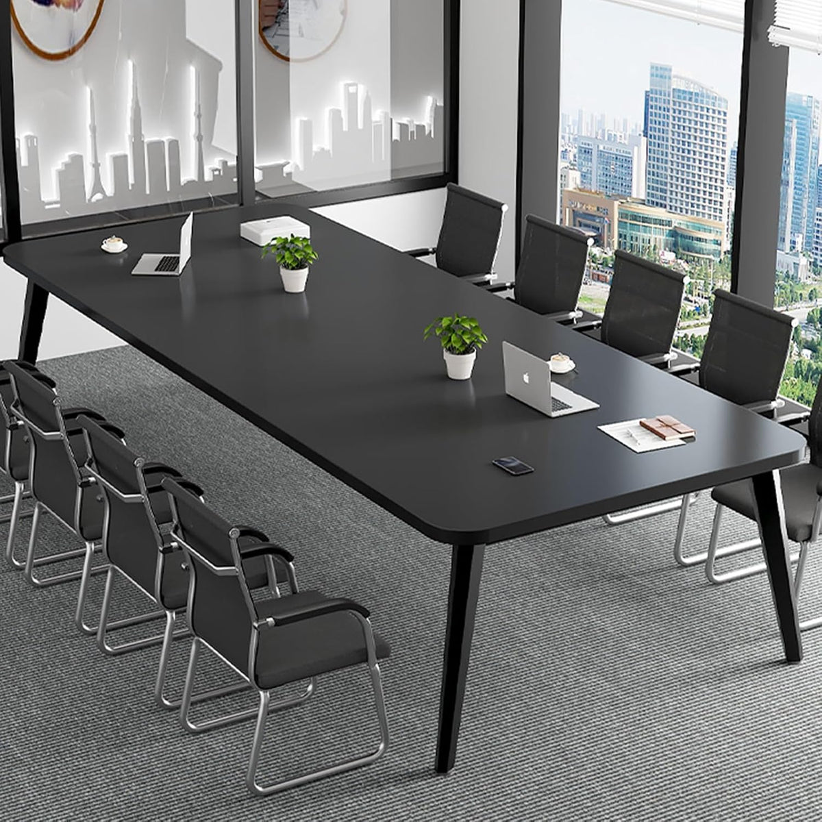 HOLGVE Tavolo da conferenza per 4 persone, 160 × 100 cm, Nero, con passacavi e piedini regolabili