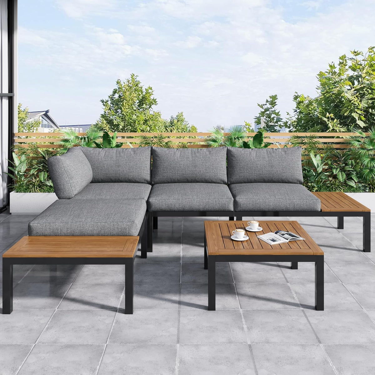 Set di mobili da giardino Huayz, regolabile, legno, acciaio, per giardino e terrazzo