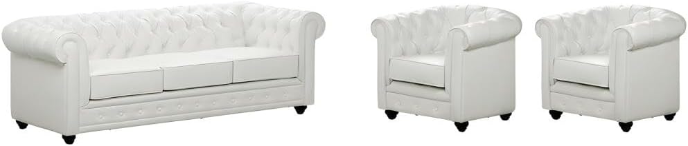 Divano Vente-unique, 205 × 88 × 72 cm, 82 × 78 × 72 cm, 3 posti, 2 poltrone, Bianco, similpelle, per soggiorno
