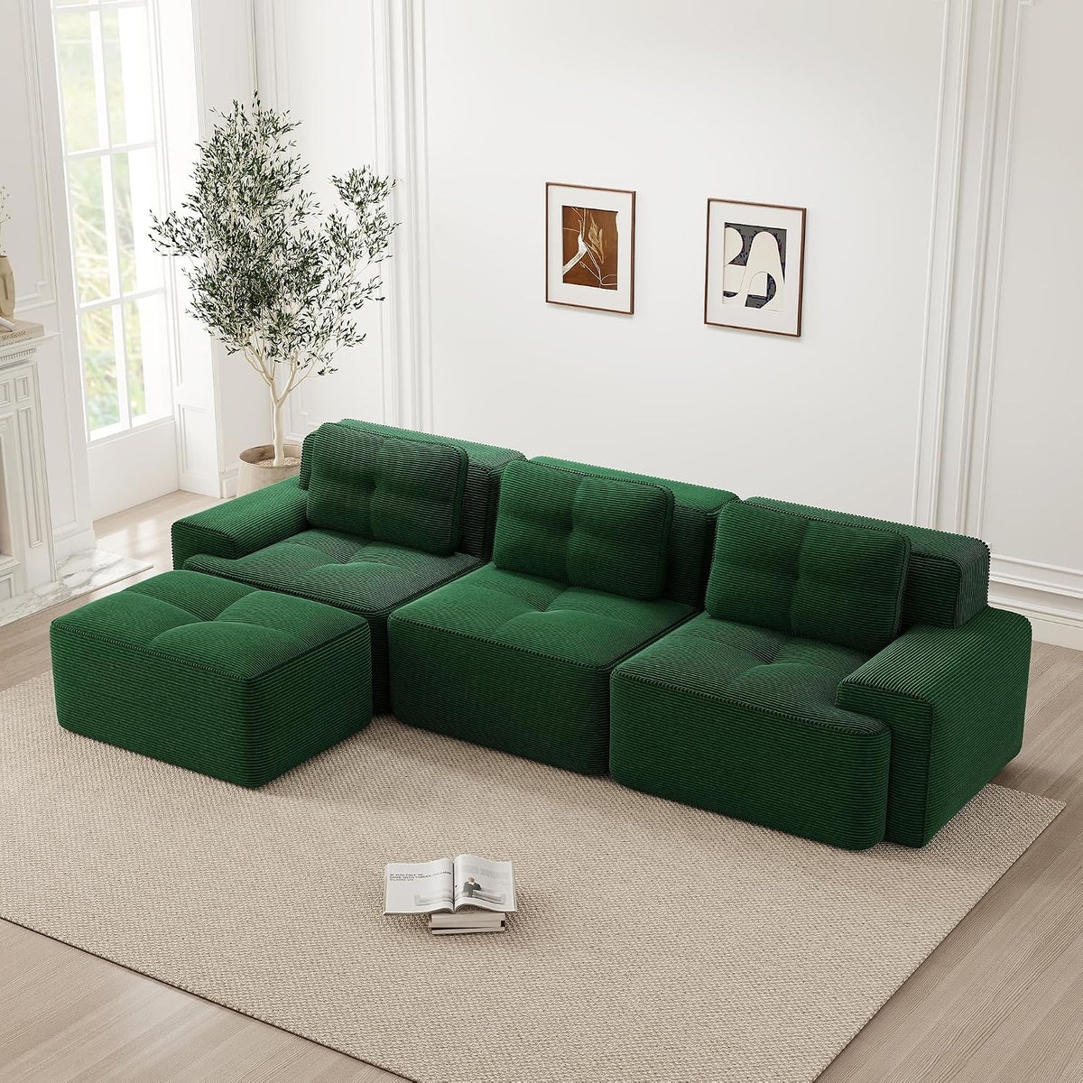 Divano angolare HAINEW, Verde, 4 posti, 3 posti, con braccioli, velluto, con cuscini, per soggiorno