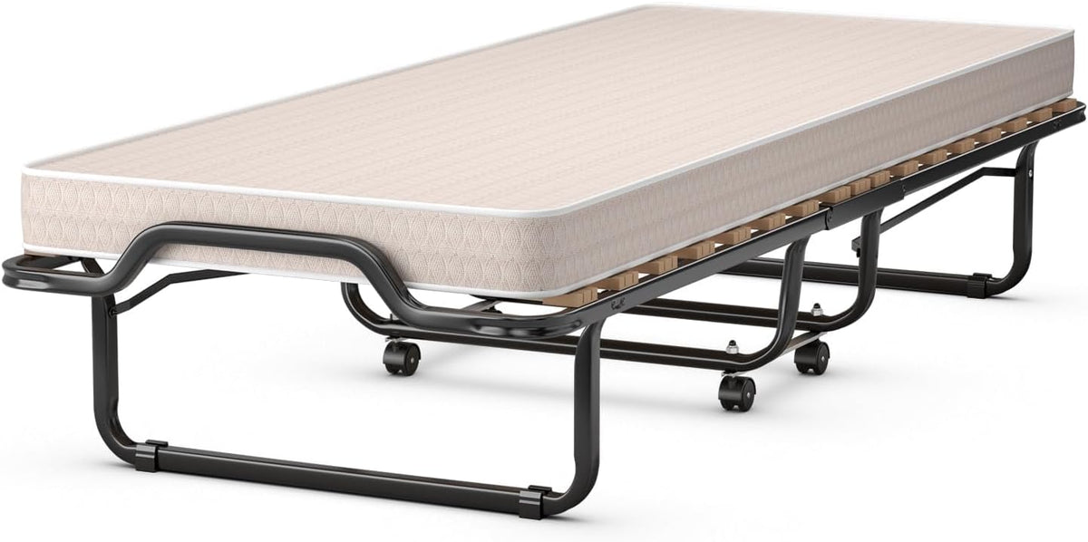COSTWAY Brandina pieghevole con materasso memory foam, 200 × 80 × 40 cm, 15 doghe e 4 ruote