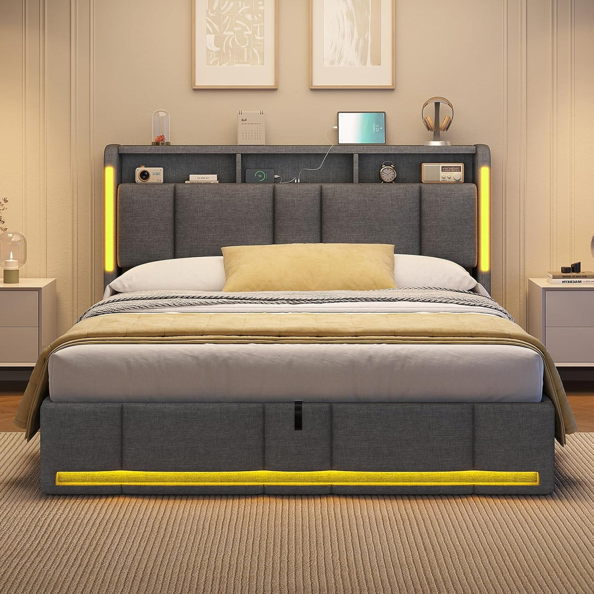 Letto AOGLLATI, 160 × 200 cm, Grigio scuro, matrimoniale, con contenitore, con porta USB, imbottito, con testiera, per camera da letto