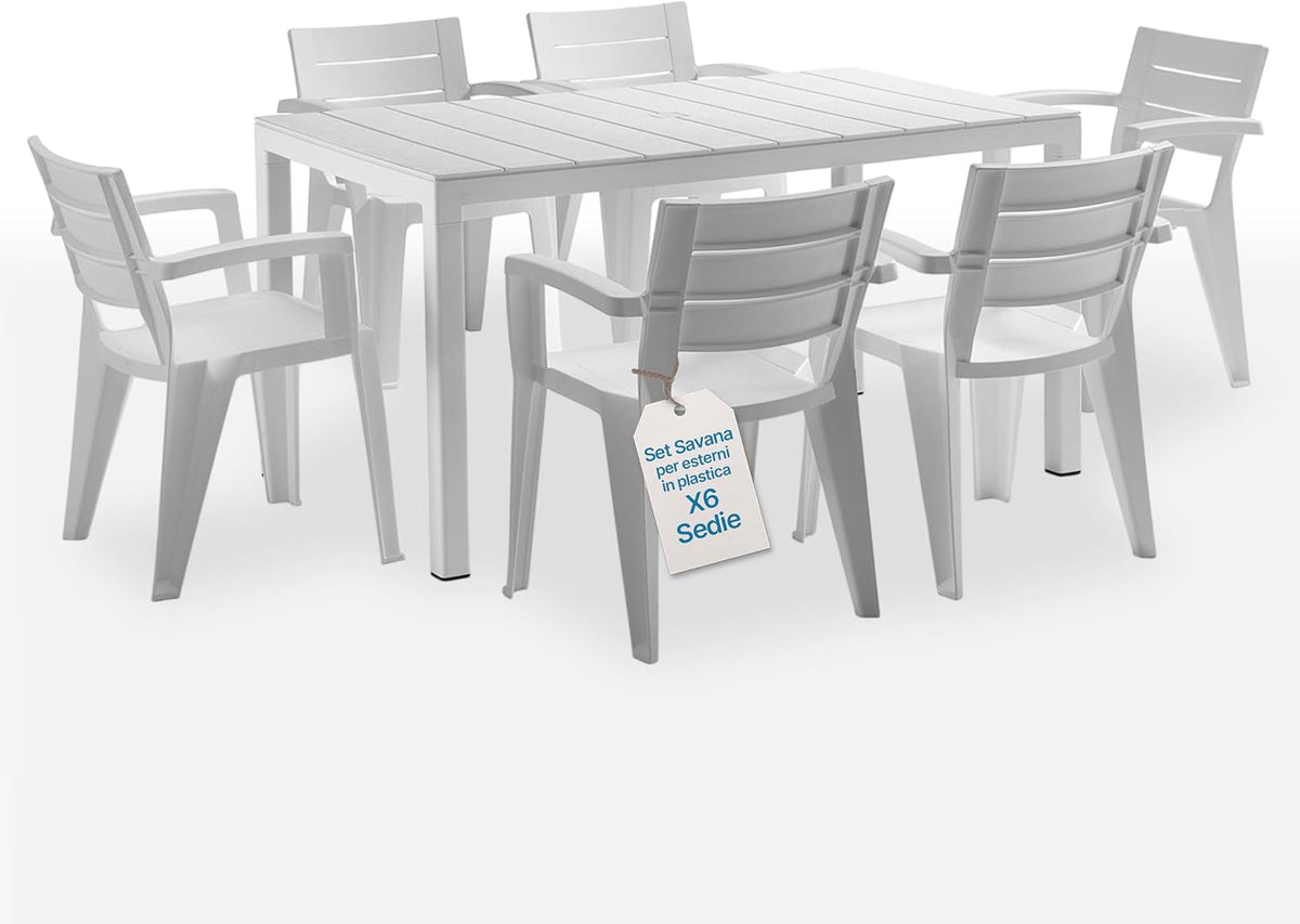 Set da pranzo Tomaino, Bianco, 6 sedie, allungabile, plastica, per giardino e terrazzo