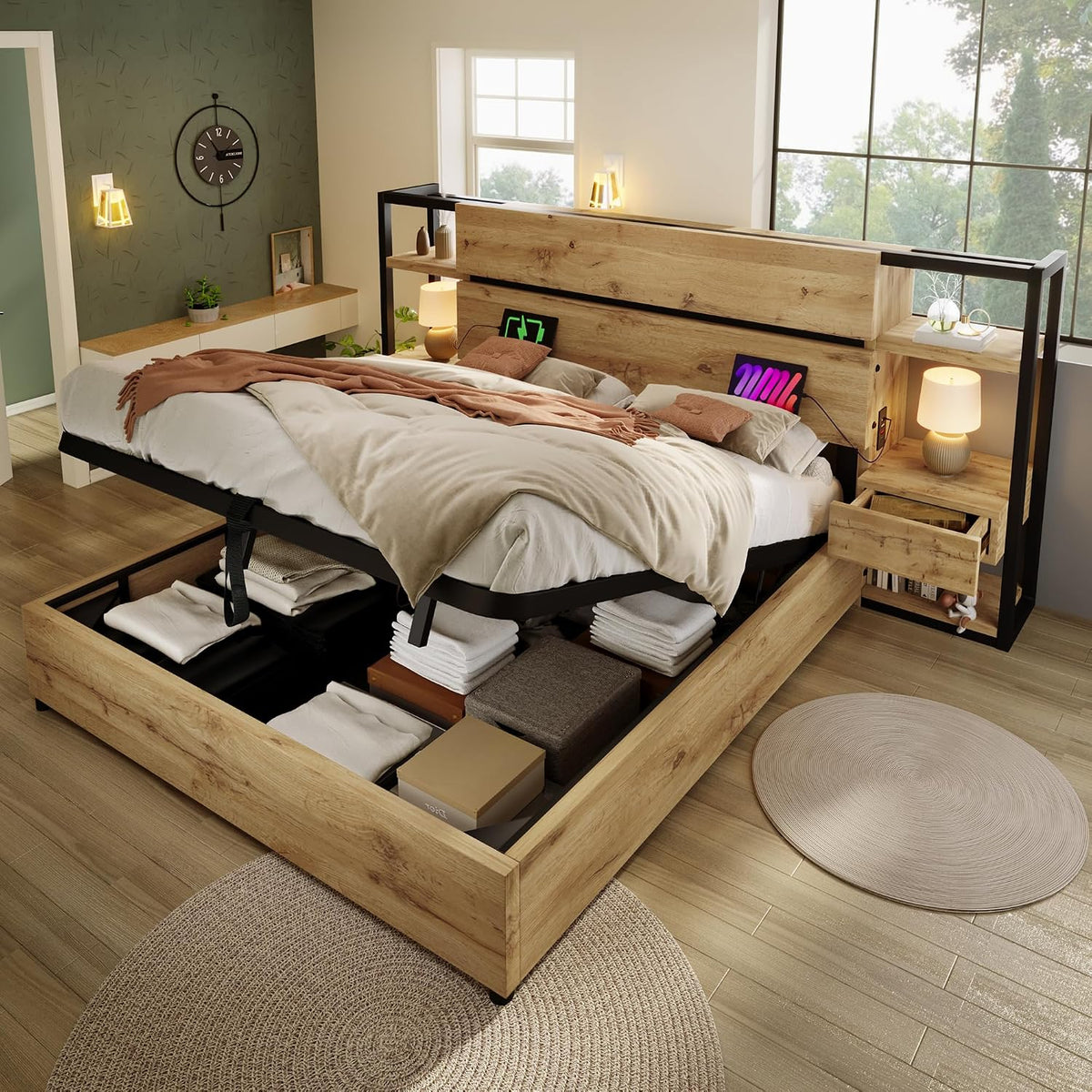 Cayipng Struttura letto, matrimoniale, 180 × 200 cm, Rovere, legno, con contenitore, con rete a doghe, per camera da letto