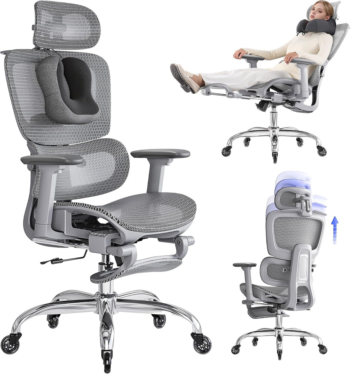 Sedia da ufficio LarkLeaves, Grigio, ergonomica, regolabile, con poggiapiedi, con poggiatesta, per ufficio