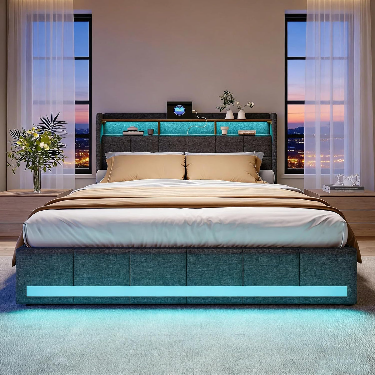 Letto BRILVERDE, 140 × 200 cm, Grigio, 4 cassetti, matrimoniale, con contenitore, con rete a doghe, imbottito, lino, con testiera
