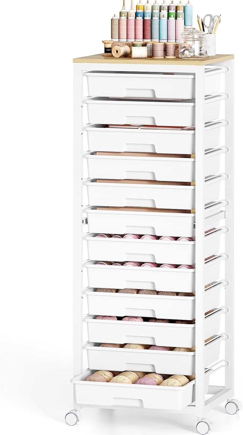 Carrello portaoggetti con cassetto SYKIARIOL, 99,6 × 32,1 × 110,7 cm, 10,75 × 12,44 × 7 cm, Bianco, 12 cassetti, legno