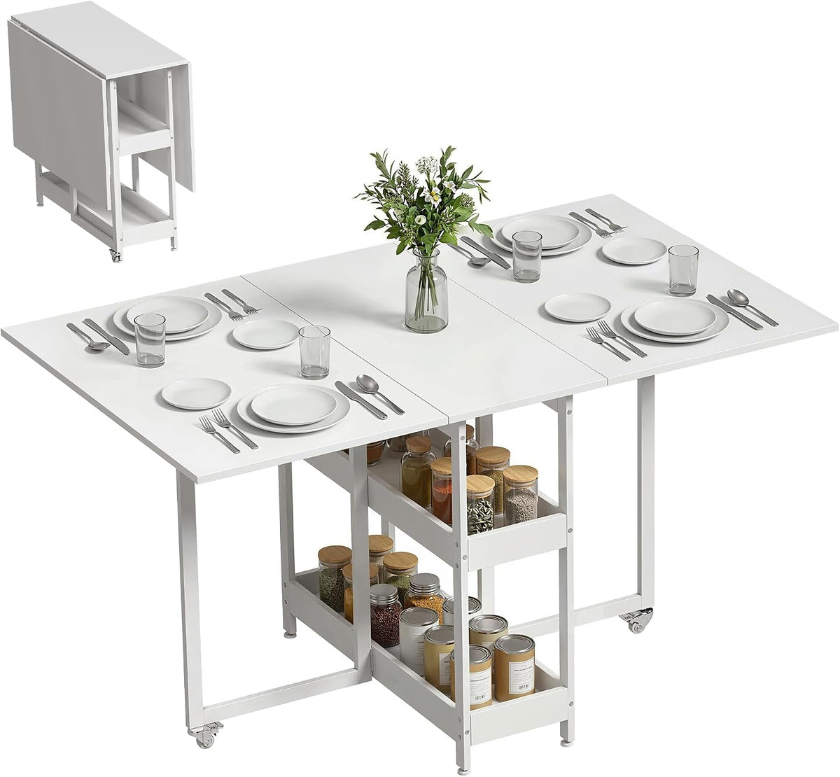 HOMCOM Tavolo da pranzo, pieghevole, con ruote, Bianco, per sala da pranzo e cucina
