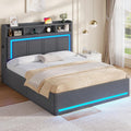 Letto AOGLLATI, 140 × 200 cm, Grigio scuro, matrimoniale, con contenitore, con illuminazione LED, con porta USB, imbottito, lino