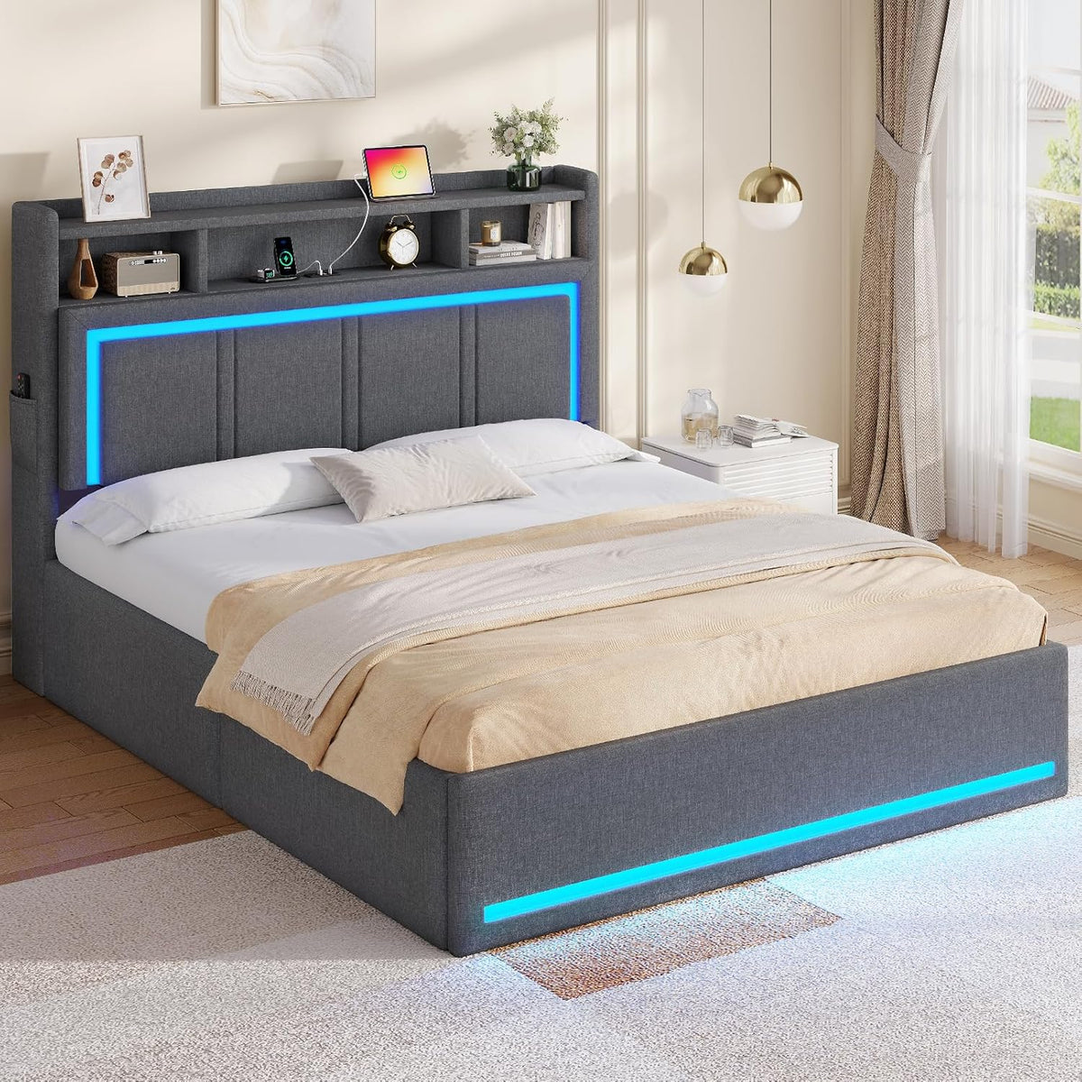 Letto AOGLLATI, 140 × 200 cm, Grigio scuro, matrimoniale, con contenitore, con illuminazione LED, con porta USB, imbottito, lino
