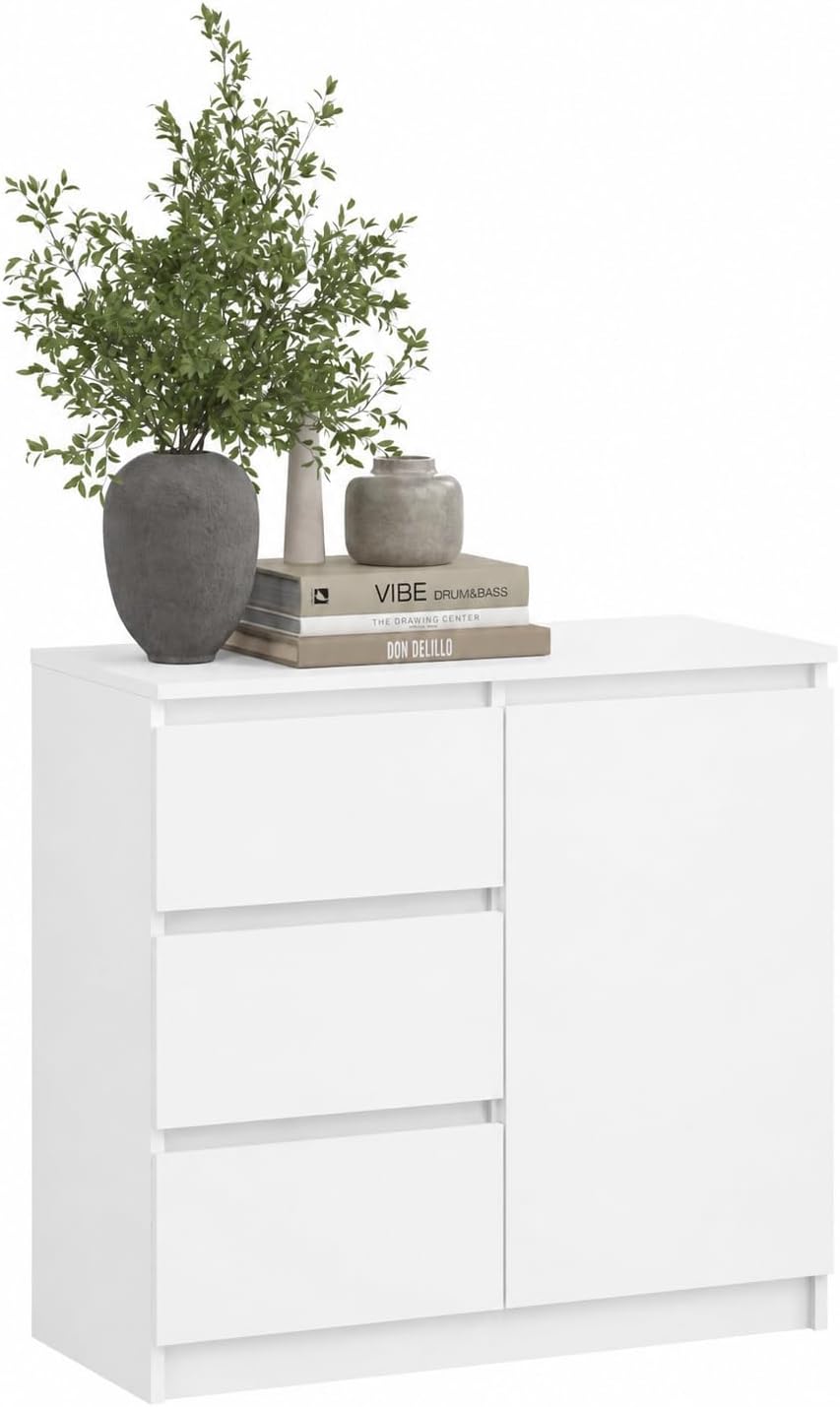 Cassettiera KUBUTKU, 1 ante, 3 cassetti, Bianco, 80 × 97 × 40 cm, per soggiorno e camera da letto