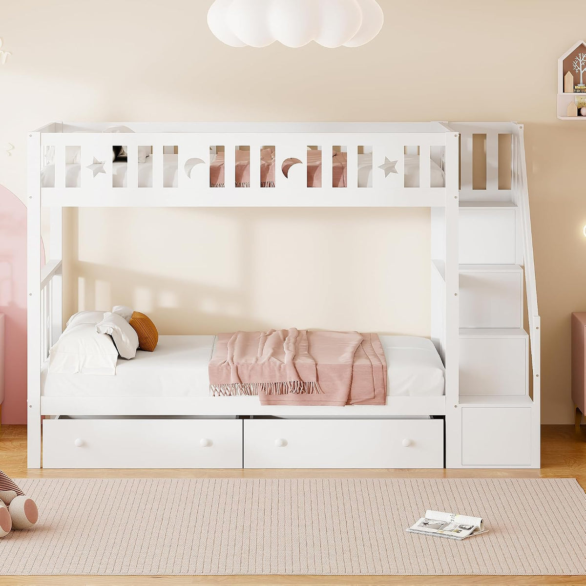 Letto a castello Idemon, con rete a doghe, 90 × 200 cm, Bianco, legno massello, per camera da letto