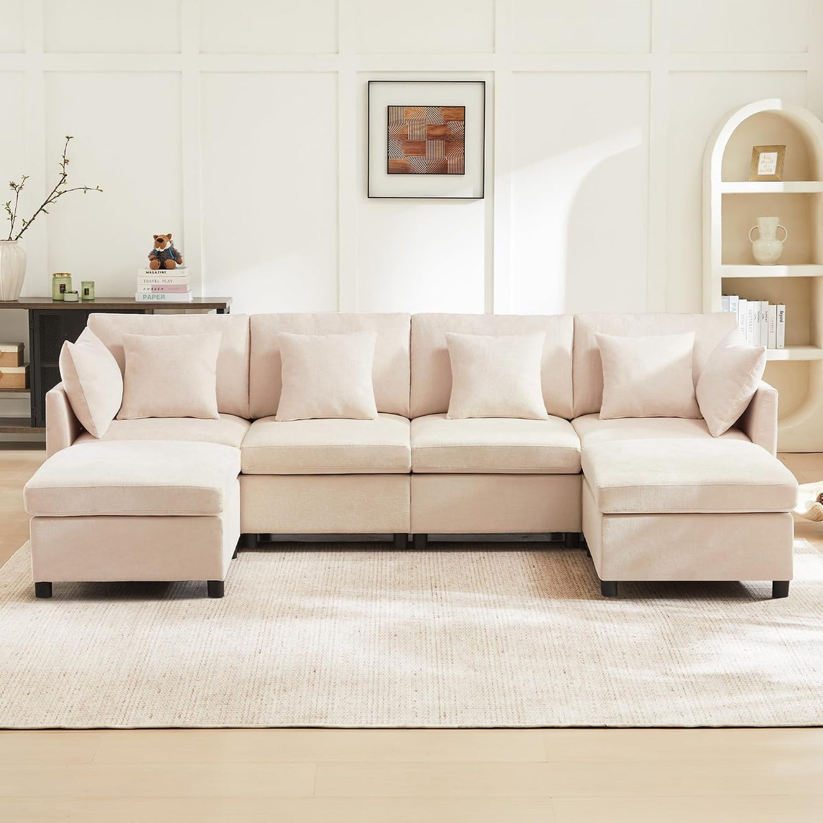 Divano angolare Idemon, 4 posti, Beige, 278 × 161 × 81 cm, ciniglia, con poggiapiedi, per soggiorno