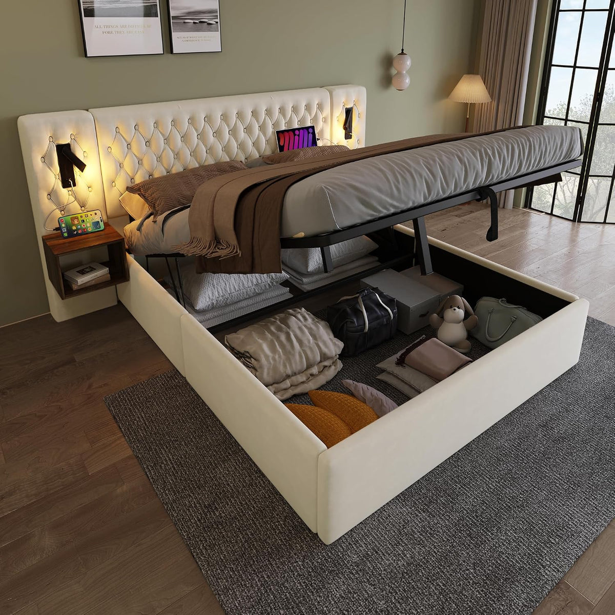 Letto Oxtao, 160 × 200 cm, Beige, matrimoniale, con contenitore, con porta USB, imbottito, legno, per camera da letto