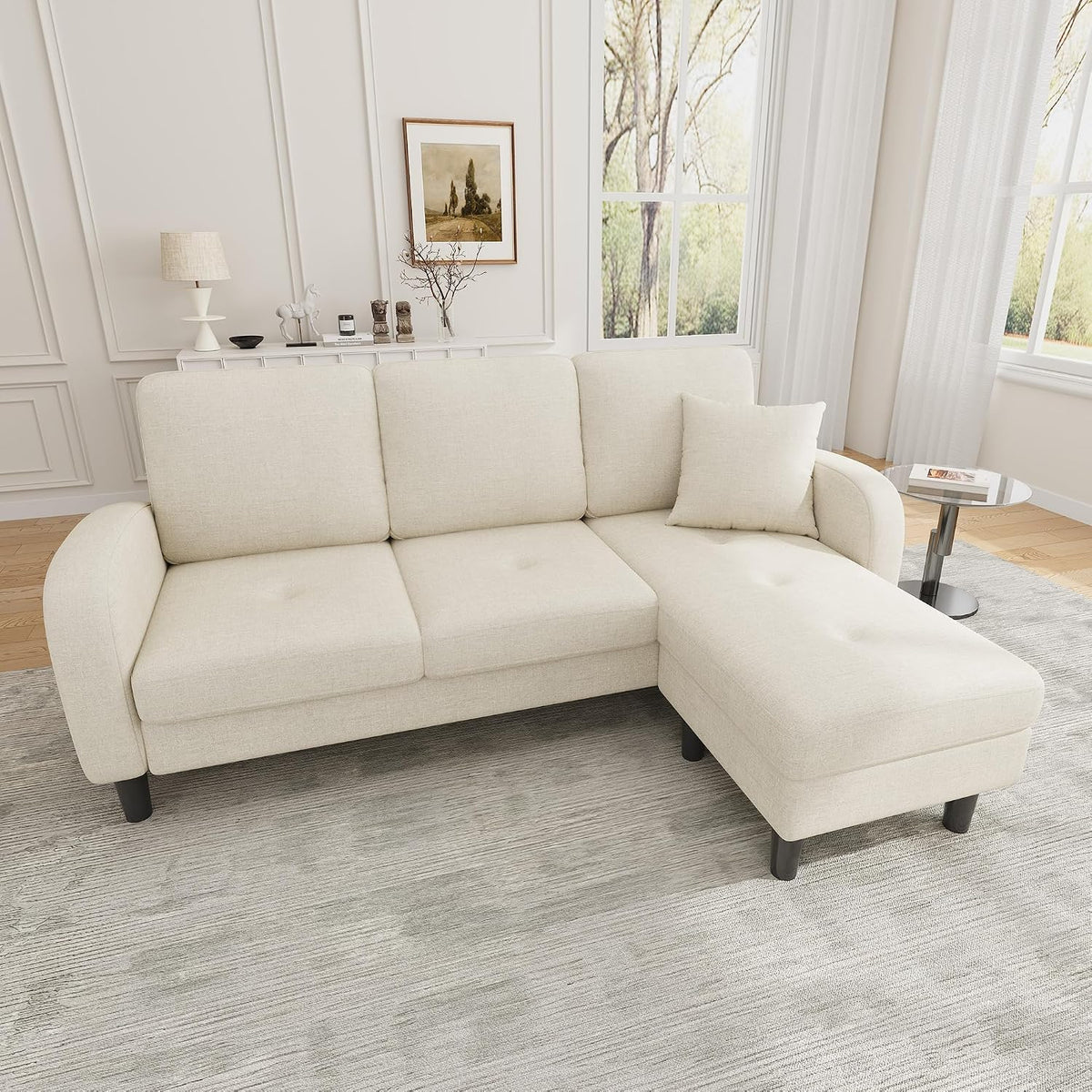 Divano angolare Kuczn, 166 × 118 × 77 cm, 3 posti, con funzione letto, lino, tessuto, per soggiorno