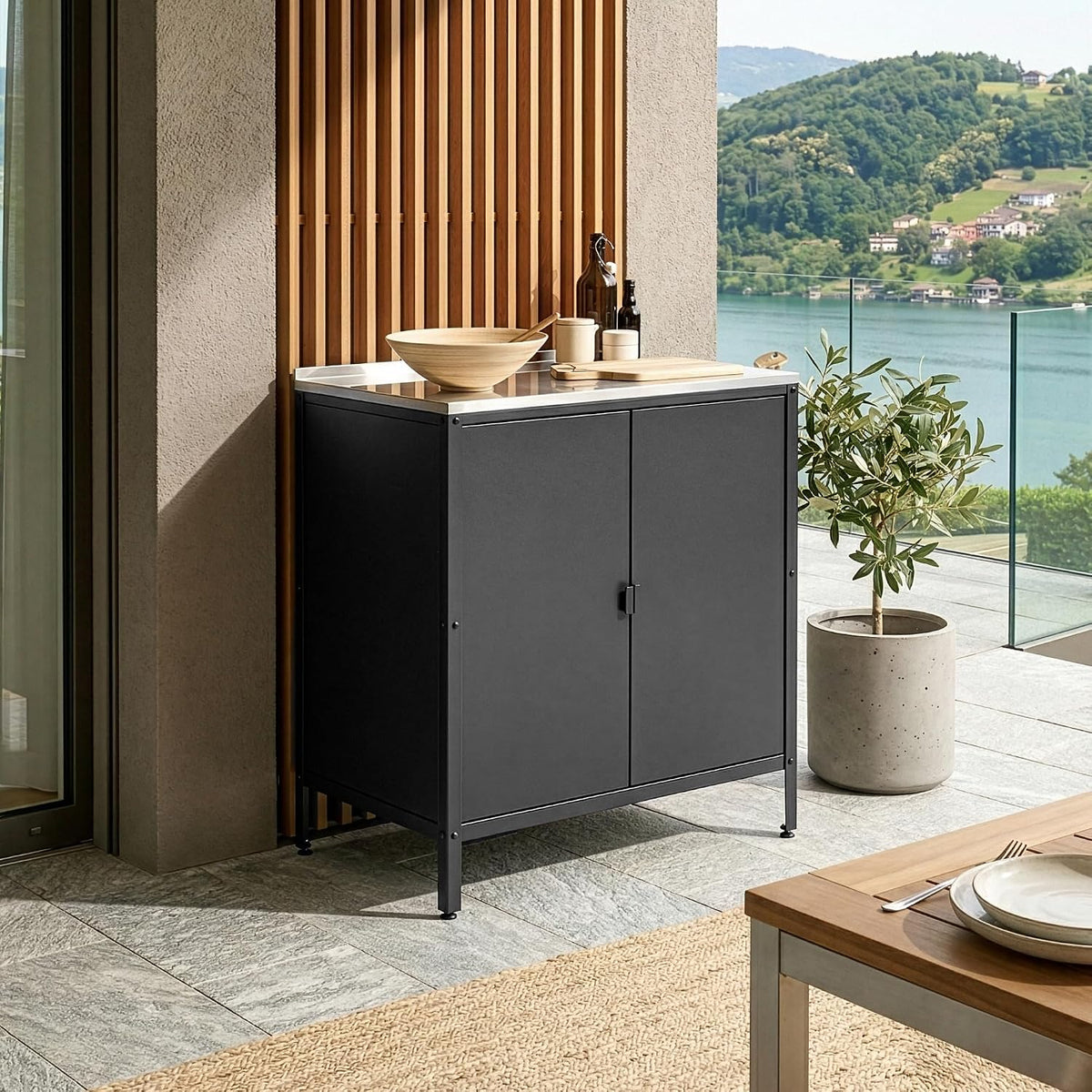 Armadio casa.pro, regolabile, 92 × 80 × 50 cm, 2 ante, Nero, acciaio, per giardino e terrazzo