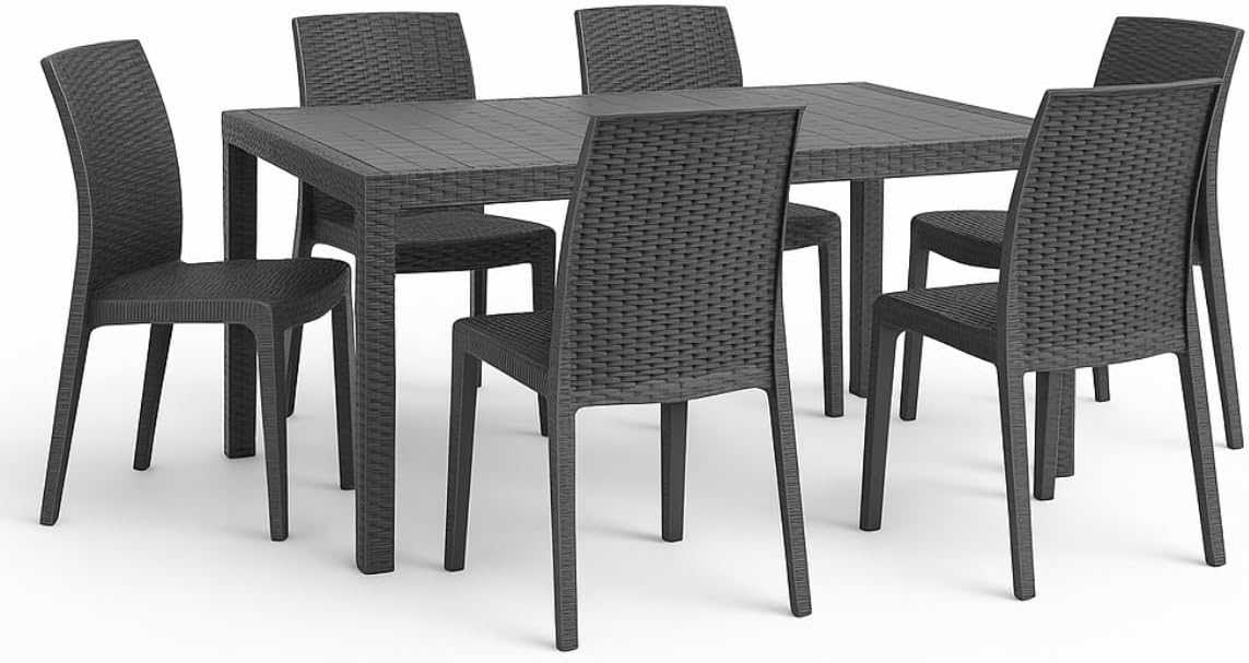 Set da pranzo Tomaino, 150 × 90 × 74 cm, Nero, 6 posti, 6 sedie, rattan, plastica, per giardino e terrazzo