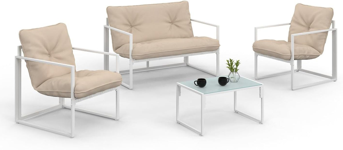 IDMarket Set di mobili da giardino, 4 posti, Bianco/Beige, acciaio, con cuscini, per giardino e terrazzo