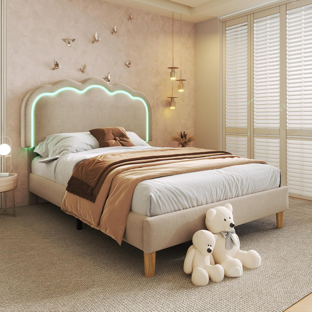 Letto Zepneiy, regolabile, con rete a doghe, imbottito, 90 × 190 cm, singolo, Beige, velluto, lino, con testiera, materasso non incluso