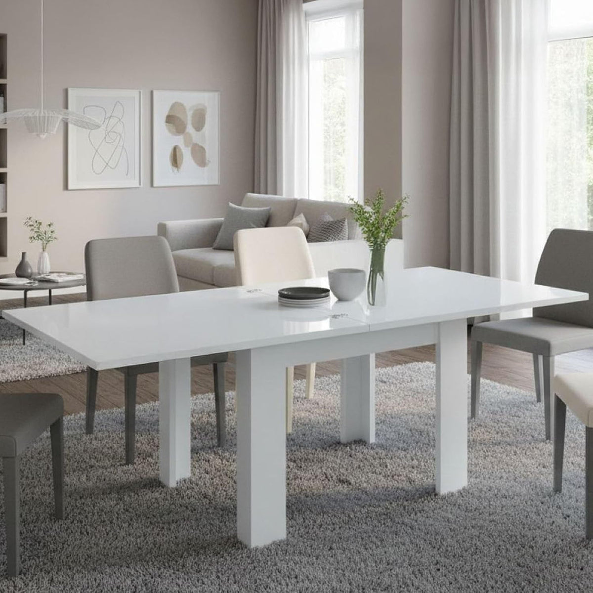 Tavolo allungabile Dmora, 90 × 90 × 75 cm, Bianco, legno, per sala da pranzo e cucina