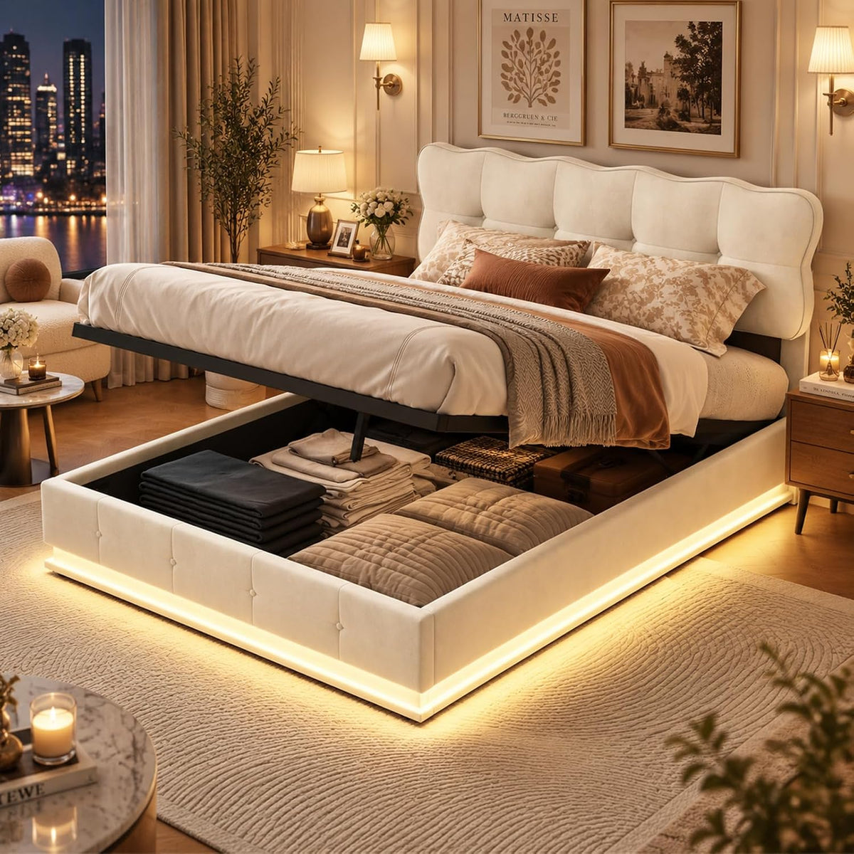 LKPOMI Letto, matrimoniale, 140 × 200 cm, Beige, velluto, regolabile, con rete a doghe, imbottito, materasso non incluso, per camera da letto