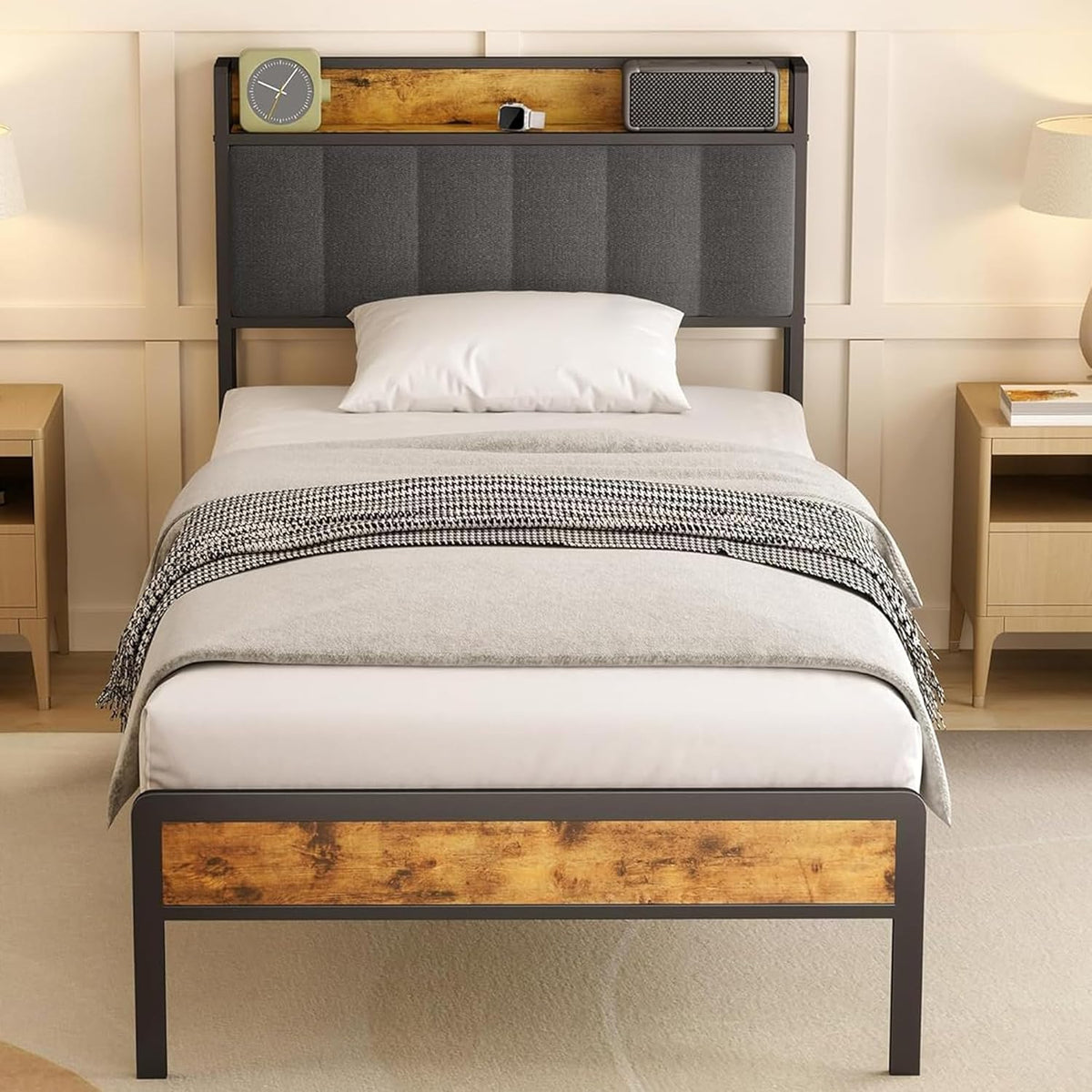Struttura letto Bealife, 90 × 200cm, Grigio scuro, con contenitore, con rete a doghe, imbottito, legno, metallo, per camera da letto