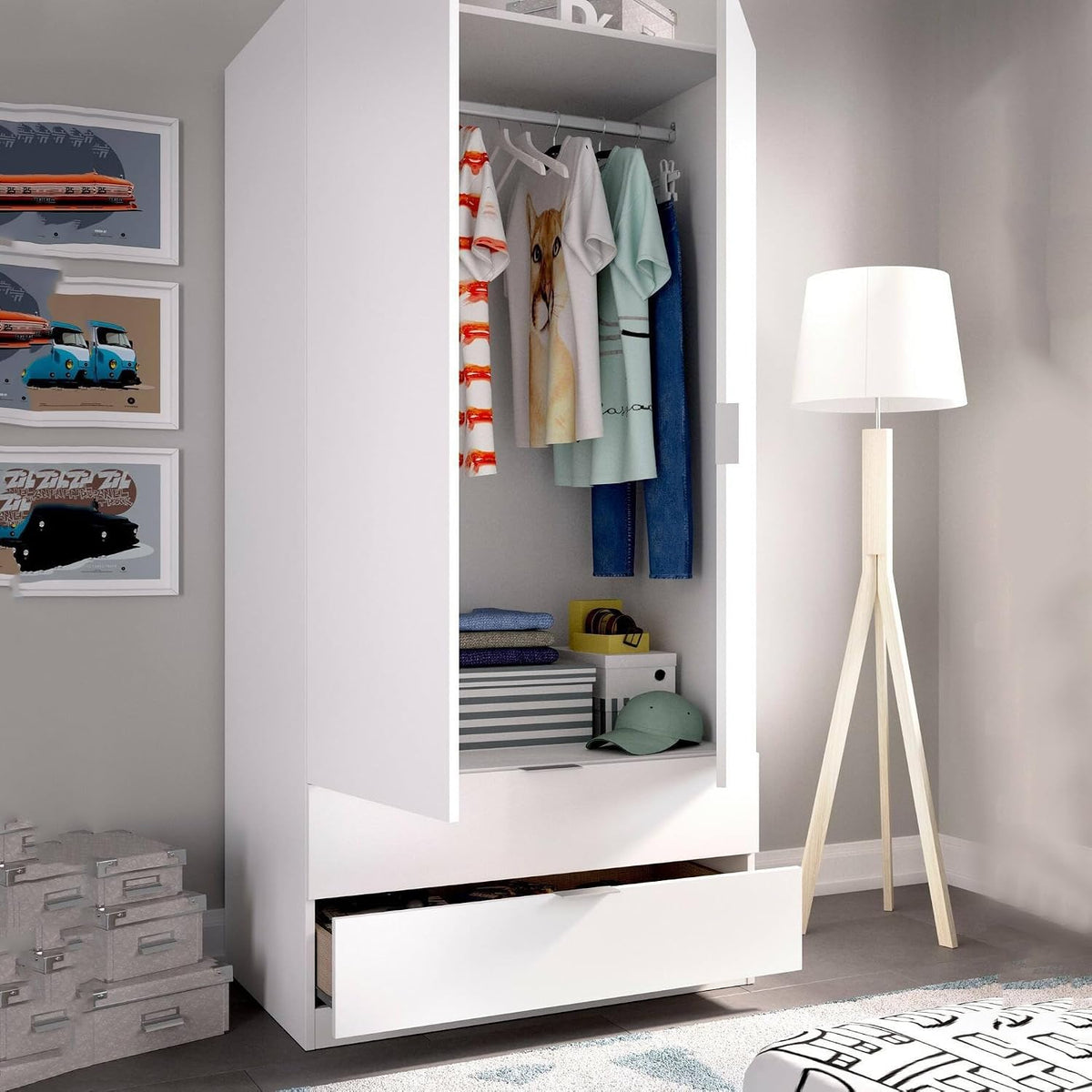 Armadio guardaroba Dmora, 2 ante, 2 cassetti, Bianco, 52 × 184 cm, per camera da letto