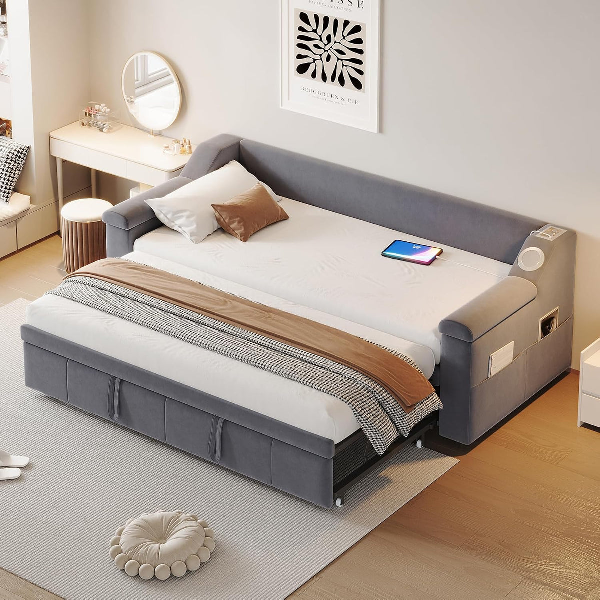 Trdlpyn Divano letto, 180 × 190 cm, Grigio, velluto, tessuto, con rete a doghe, con porta USB, imbottito, per soggiorno