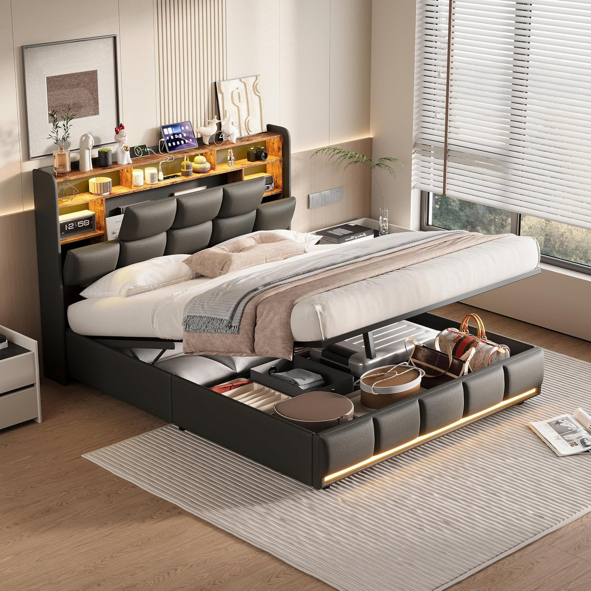 Struttura letto KOOPMAD, 140 × 200 cm, Nero, matrimoniale, con contenitore, imbottito, con testiera, per camera da letto