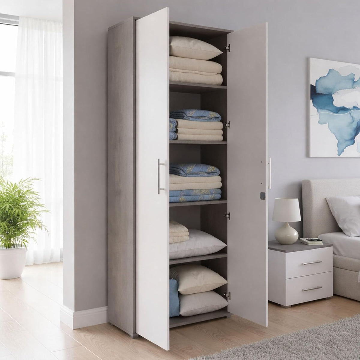 Dmora Tirreno Armadio multiuso, 2 ante, 4 ripiani, 79 × 34 × 188 cm, Bianco, apertura battente