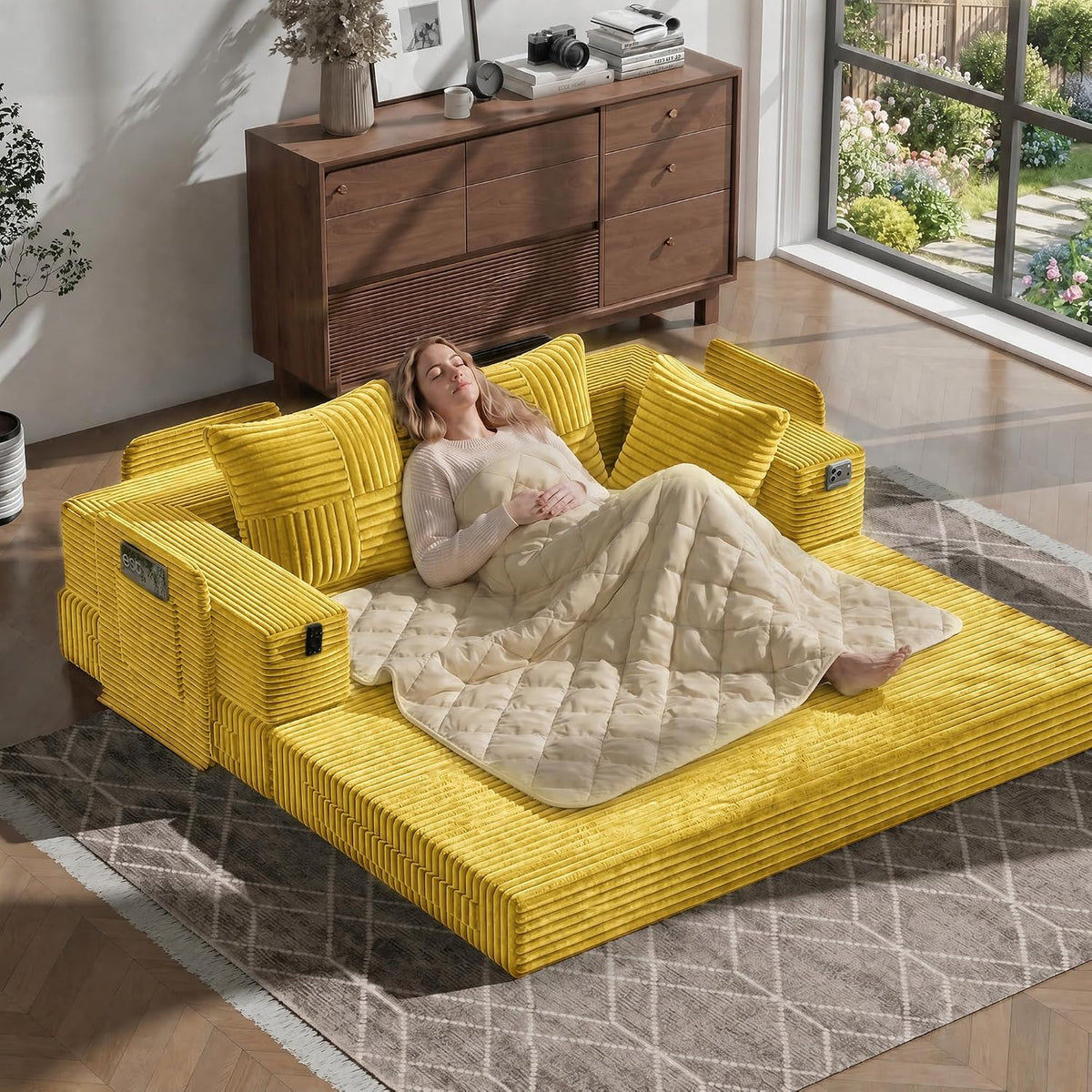 Fabulcozy Divano letto, 2 in 1, velluto, pieghevole, con braccioli, per soggiorno
