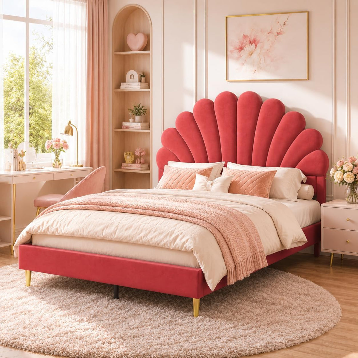 Letto NLDGR, matrimoniale, Rosso, 140 × 200 cm, velluto, tessuto, con testiera, con rete a doghe, imbottito, per camera da letto