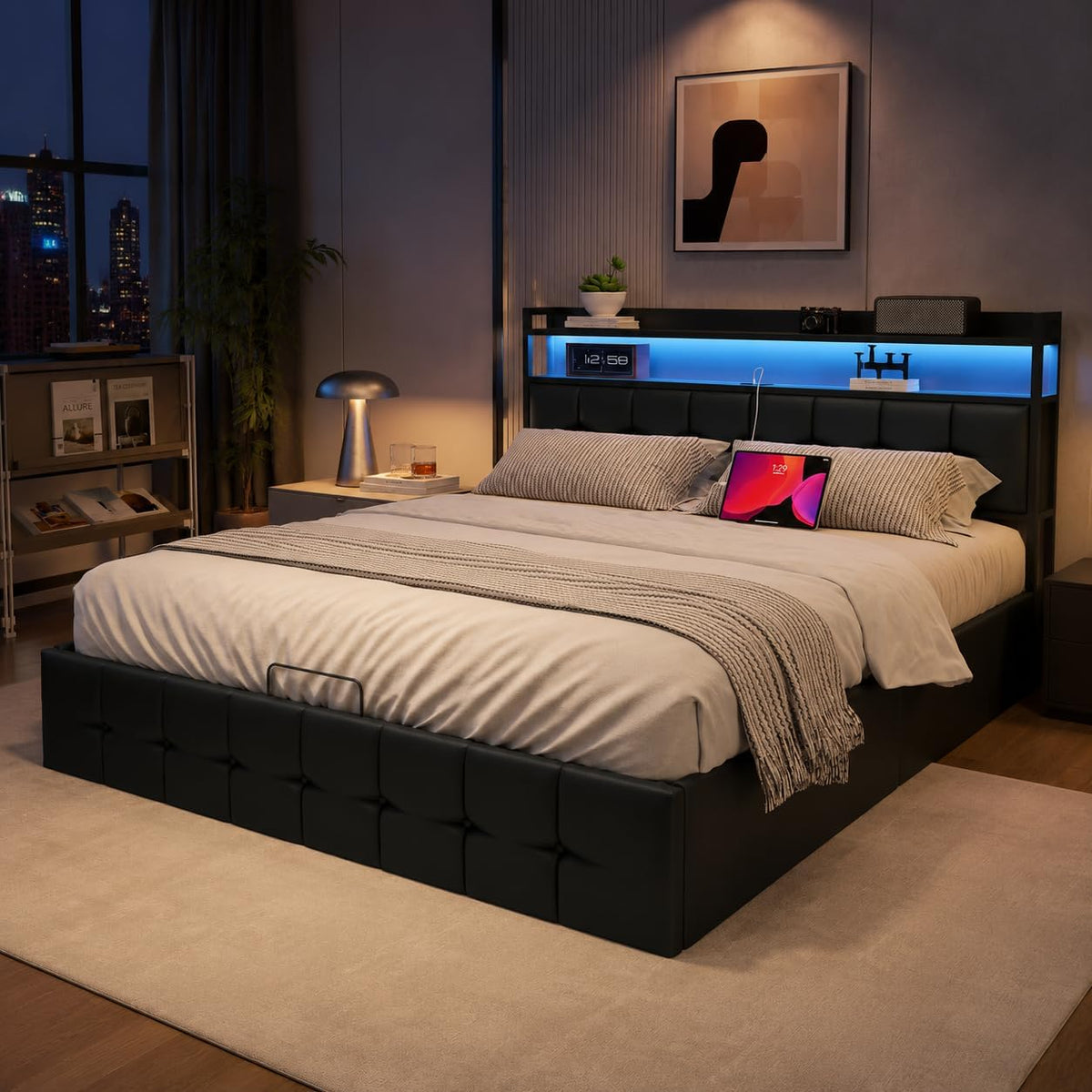 Struttura letto BLSYHDH, +PU-1, Nero, matrimoniale, con contenitore, con porta USB, imbottito, misura 140 × 190, per camera da letto