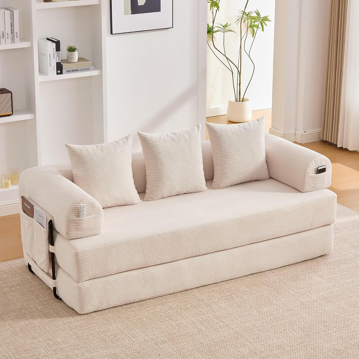 Divano modulare Trdlpyn, Beige, 3 posti, pieghevole, metallo, velluto, con cuscini, per soggiorno