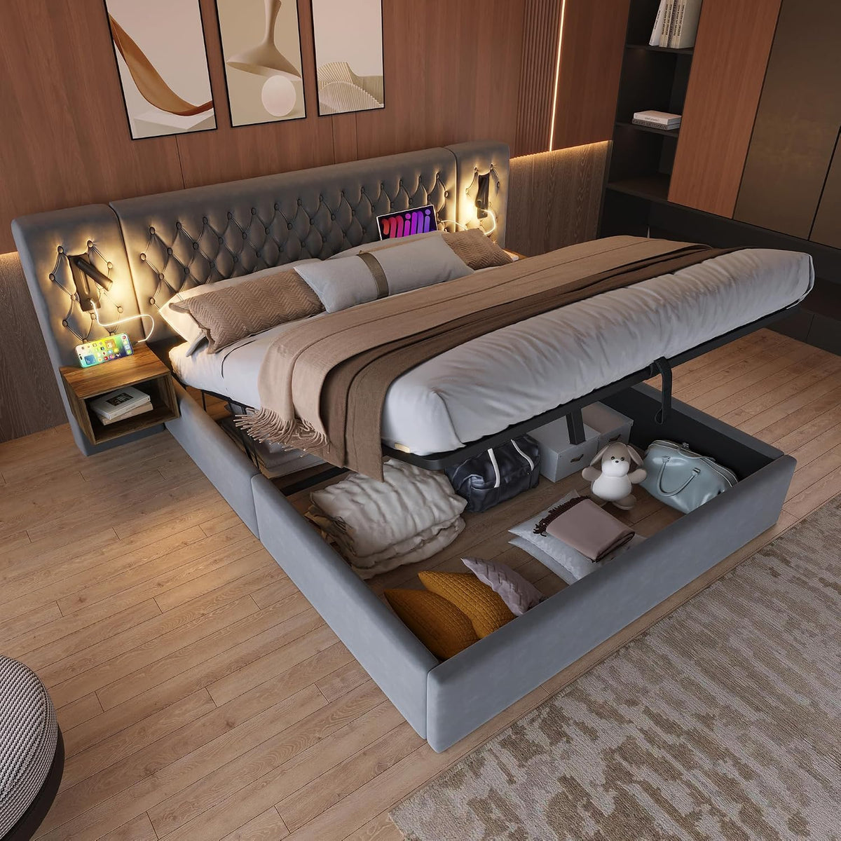 Oxtao Letto, 160 × 200 cm, Grigio, legno, imbottito, per camera da letto