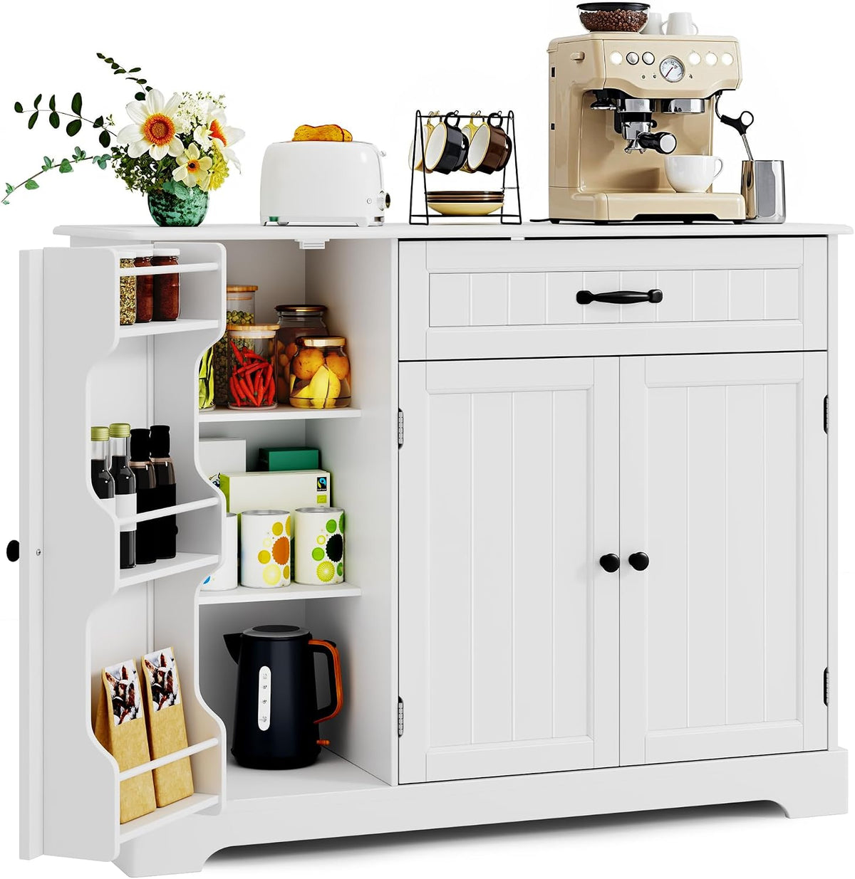 Credenza Xbro, con contenitore, 105 × 40 × 84,5 cm, 3 ante, Bianco, per soggiorno e camera da letto