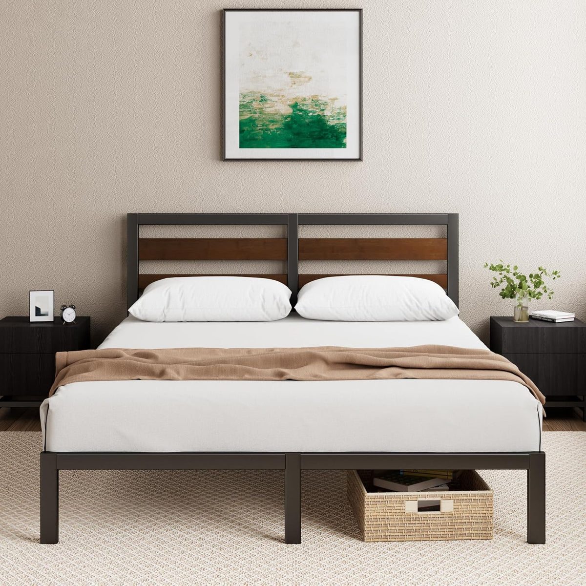Struttura letto Zinus, matrimoniale, Nero/Marrone, 160 × 190 cm, bambù, metallo, con testiera, per camera da letto