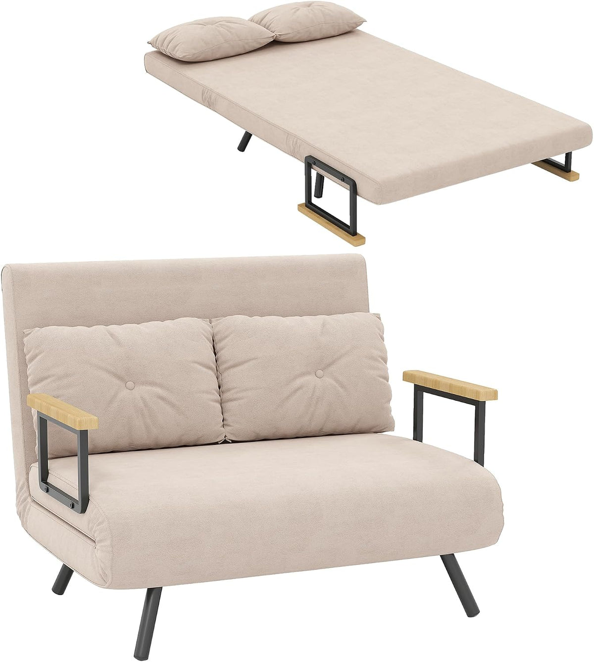 HOMCOM Brandina pieghevole, 2 posti, 4 in 1, Beige, 102 × 73 × 81 cm, velluto, con cuscini, regolabile, per ufficio