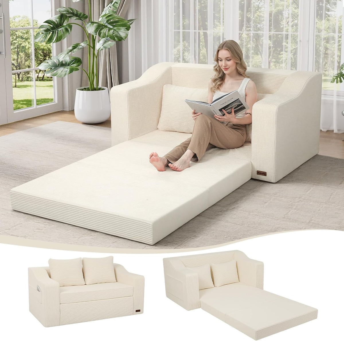Divano letto MeMoreCool, Beige, trasformabile, pieghevole, sfoderabile, velluto, con cuscini, per soggiorno