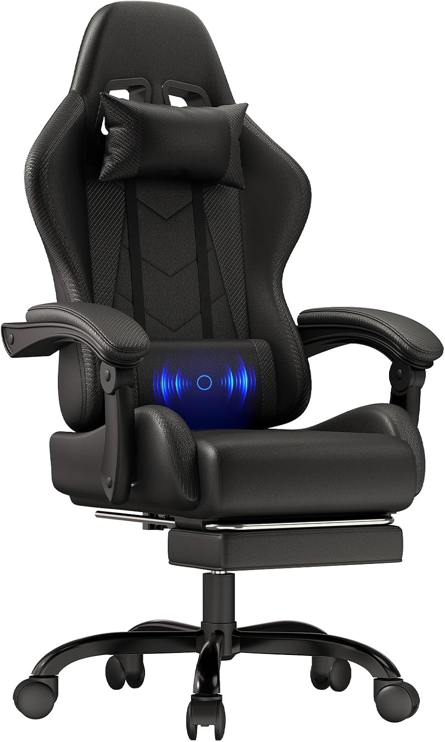 Sedia gaming JUMMICO, con cuscino, regolabile, con poggiapiedi, Nero, massaggiante, ergonomica, per ufficio