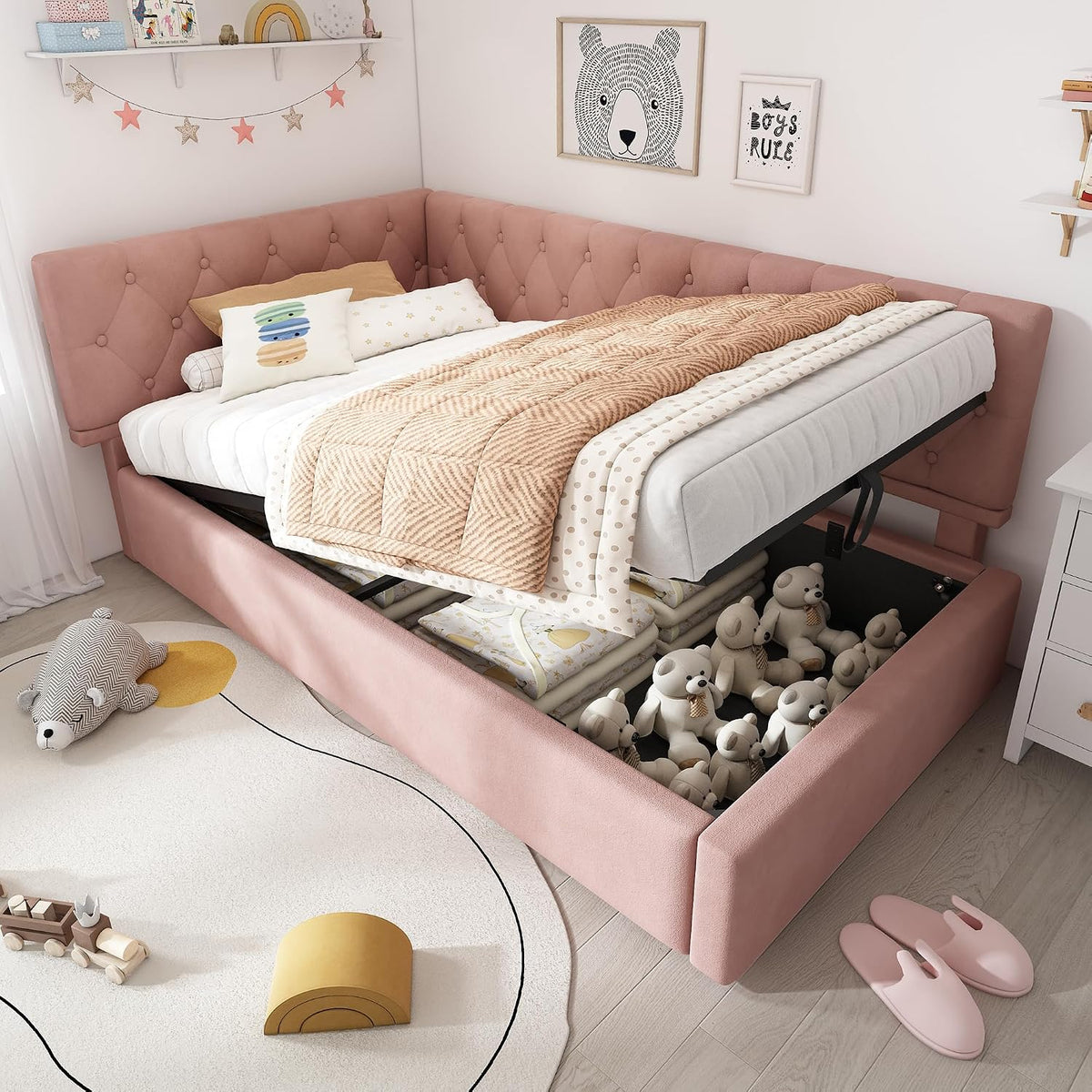 Dolamaní Letto, singolo, 90 × 190 cm, Rosa, legno, velluto, con rete a doghe, imbottito, per camera da letto