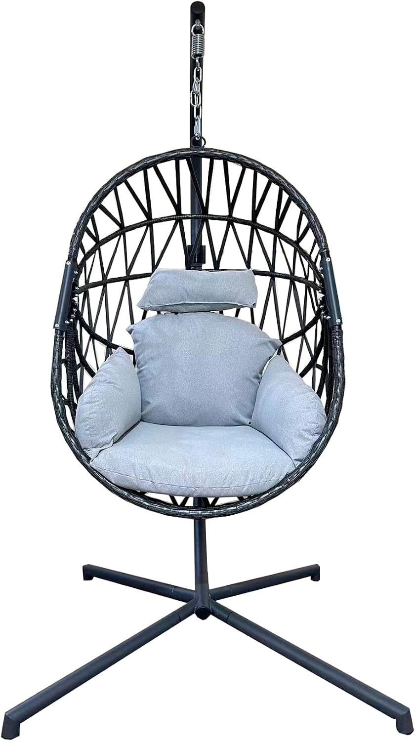 Rebecca Mobili Sedia sospesa, RE6825, 200 × 128 × 128 cm, Grigio scuro, acciaio, rattan, con cuscini, per giardino e terrazzo