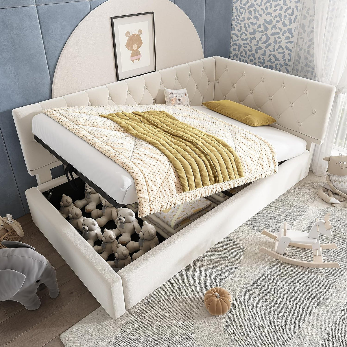Kelodan Divano letto, 90 × 200cm, Beige, legno, velluto, con rete a doghe, imbottito, per soggiorno