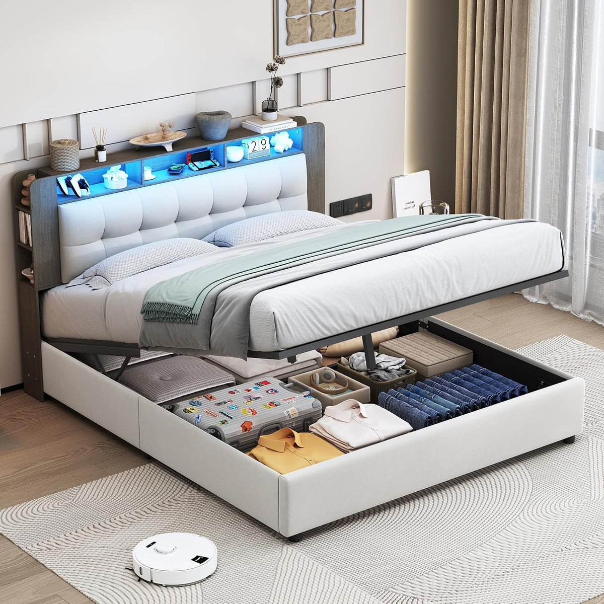 Struttura letto BSMGSGN, con contenitore, con rete a doghe, imbottito, 140 × 200 cm, matrimoniale, Beige, velluto, tessuto, materasso non incluso